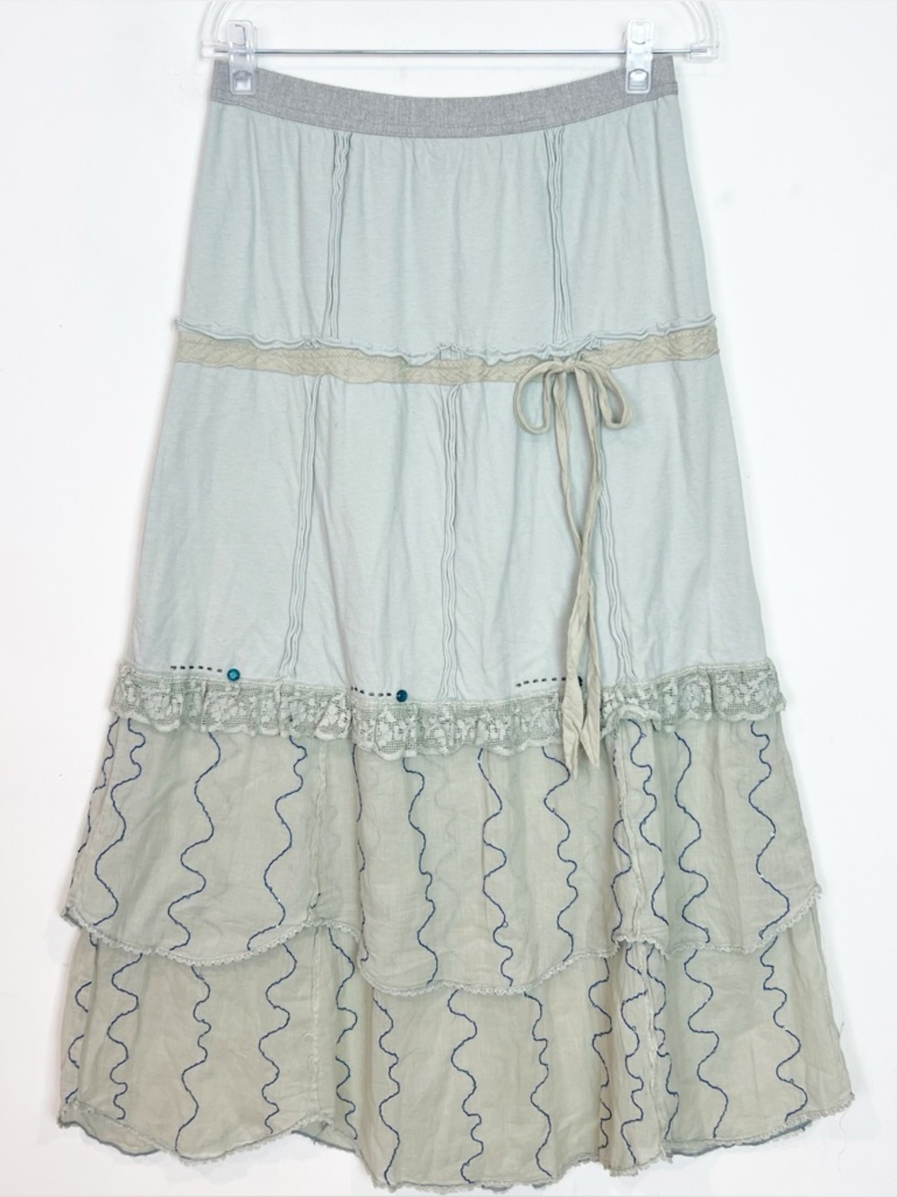 BURNING TORCH GRAY ELASTIC WAIST BOHO BEADED UPCYCLED MAXI SKIRT SZ SMALL - Picture 1 of 6